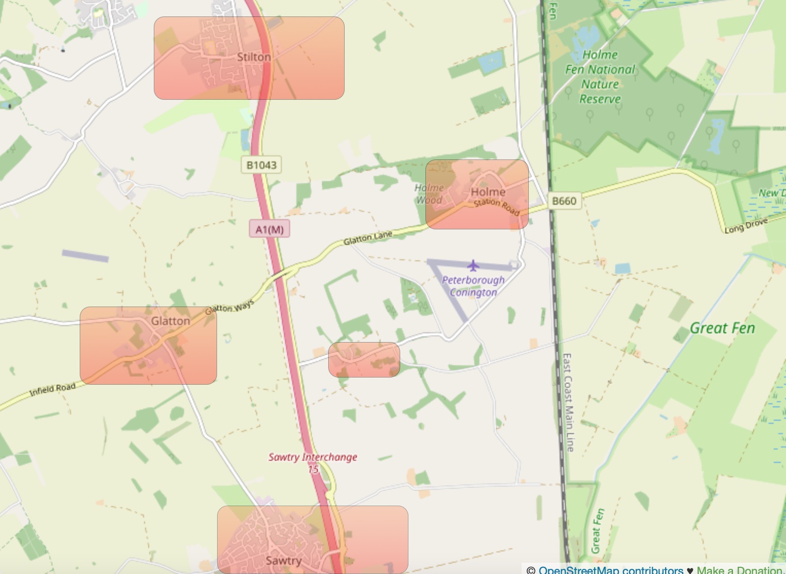 Noise sensitive areas around Peterborough Conington (EGSF)